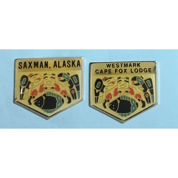 2 Northwest Tribal Symbols Pins,Saxman Native Village & Cape Fox Westmark Alaska - Picture 1 of 2